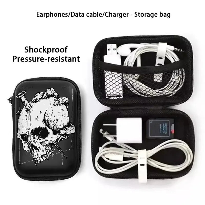 Estuche rígido compacto de EVA con estampado de calavera con garras, organizador de almacenamiento con cremallera anticaída para dispositivos electrónicos, auriculares, cables y discos duros