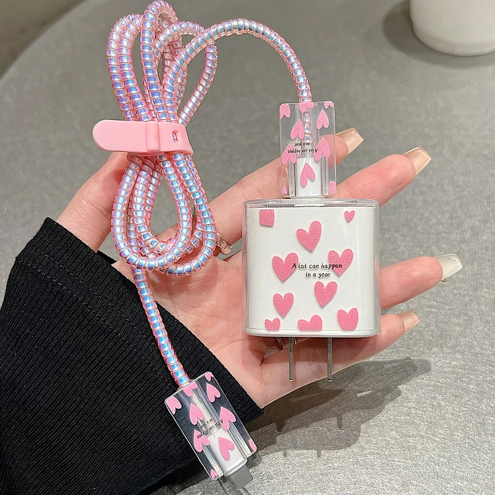 Juego de 5 Fundas Protectoras para Cargador de iPhone de 20W y 18W, Diseño 3D de Estrella y Ola en Azul y Rosa, Organizador de Cables, Protector de Cabezal de Carga