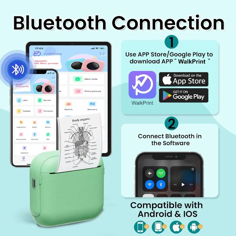 Mini Impresora Térmica Inalámbrica Portátil, Bluetooth, Impresión Instantánea, Compatible con iOS y Android, Impresión de Alta Calidad