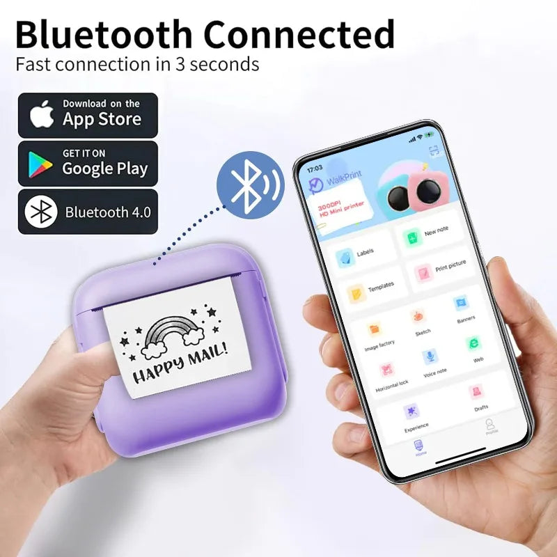 Mini Impresora Térmica Inalámbrica Portátil, Bluetooth, Impresión Instantánea, Compatible con iOS y Android, Impresión de Alta Calidad