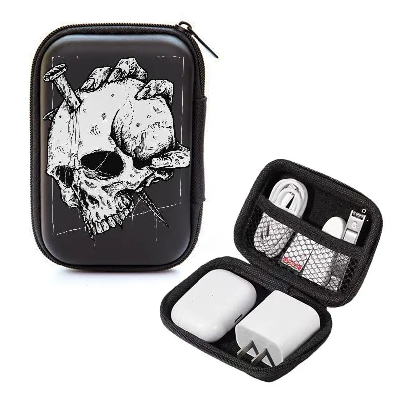 Estuche rígido compacto de EVA con estampado de calavera con garras, organizador de almacenamiento con cremallera anticaída para dispositivos electrónicos, auriculares, cables y discos duros