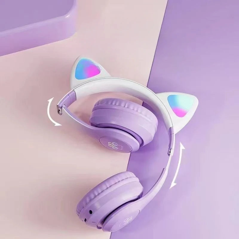 Auriculares Bluetooth inalámbricos para juegos con luz LED de respiración con oreja de gato sobre la oreja con ranura para tarjeta TF y color degradado