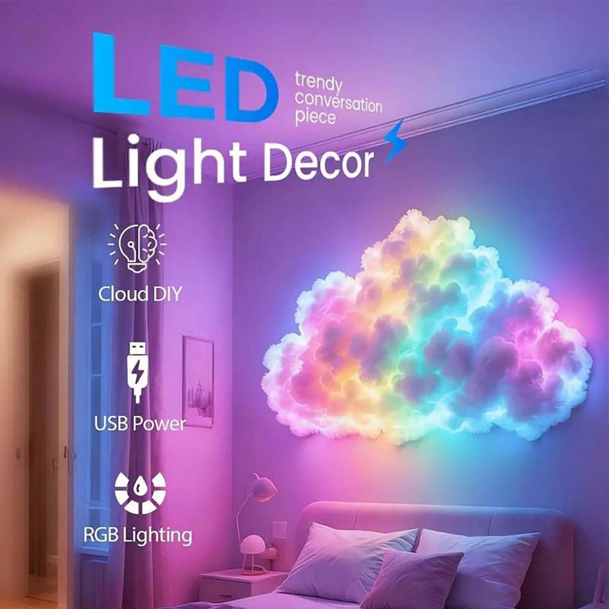 Lámpara LED 3D de nube de trueno, luz nocturna con ritmo musical alimentada por USB para dormitorio, escritorio, decoración de sala de juegos, iluminación de ambiente, regalo