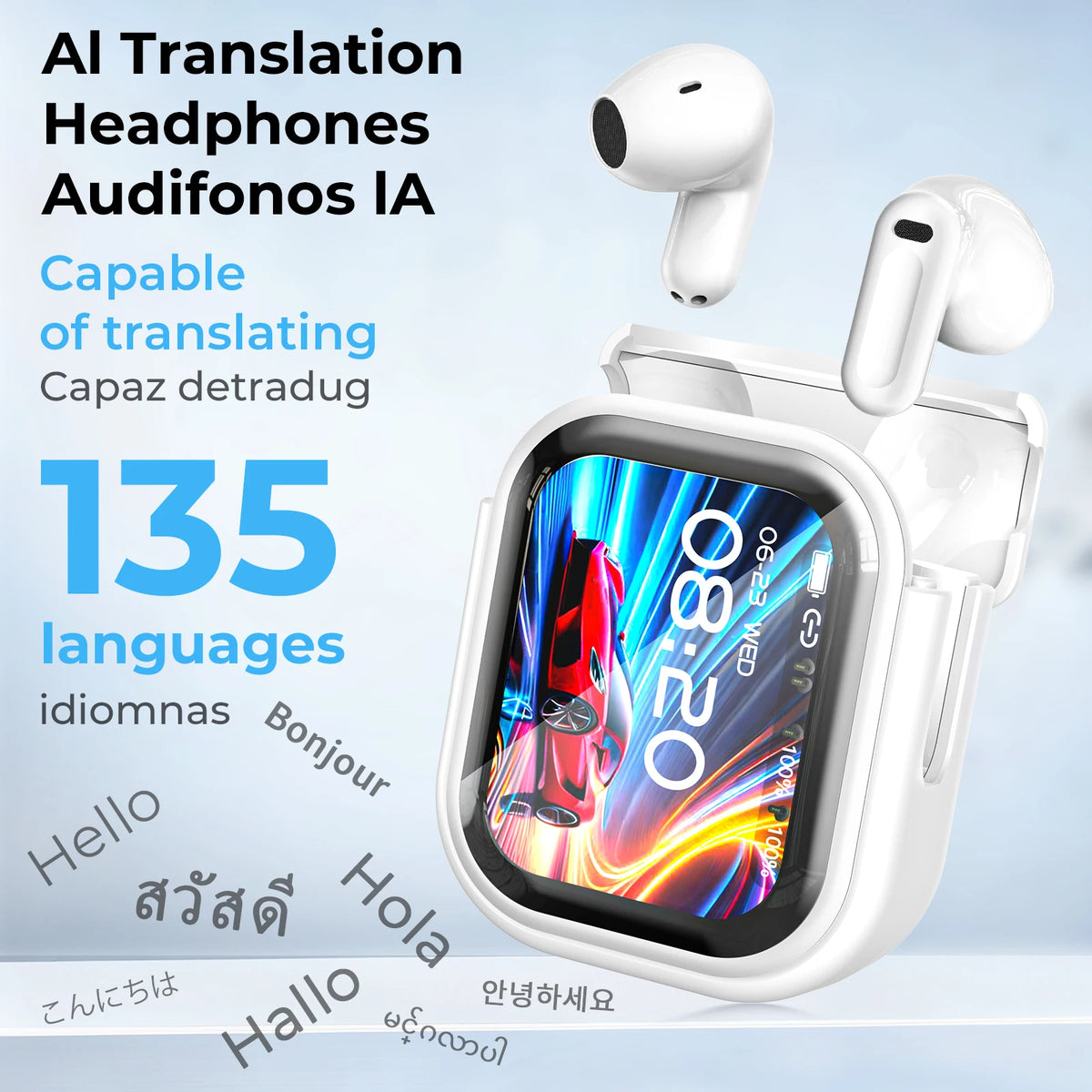 Audífonos HTC NE20 con Traducción por IA - Cancelación de Ruido ANC, Pantalla Táctil, 135 Idiomas Auriculares para Conferencias de Negocios y Viajes