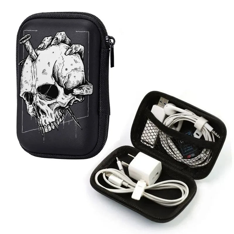 Estuche rígido compacto de EVA con estampado de calavera con garras, organizador de almacenamiento con cremallera anticaída para dispositivos electrónicos, auriculares, cables y discos duros