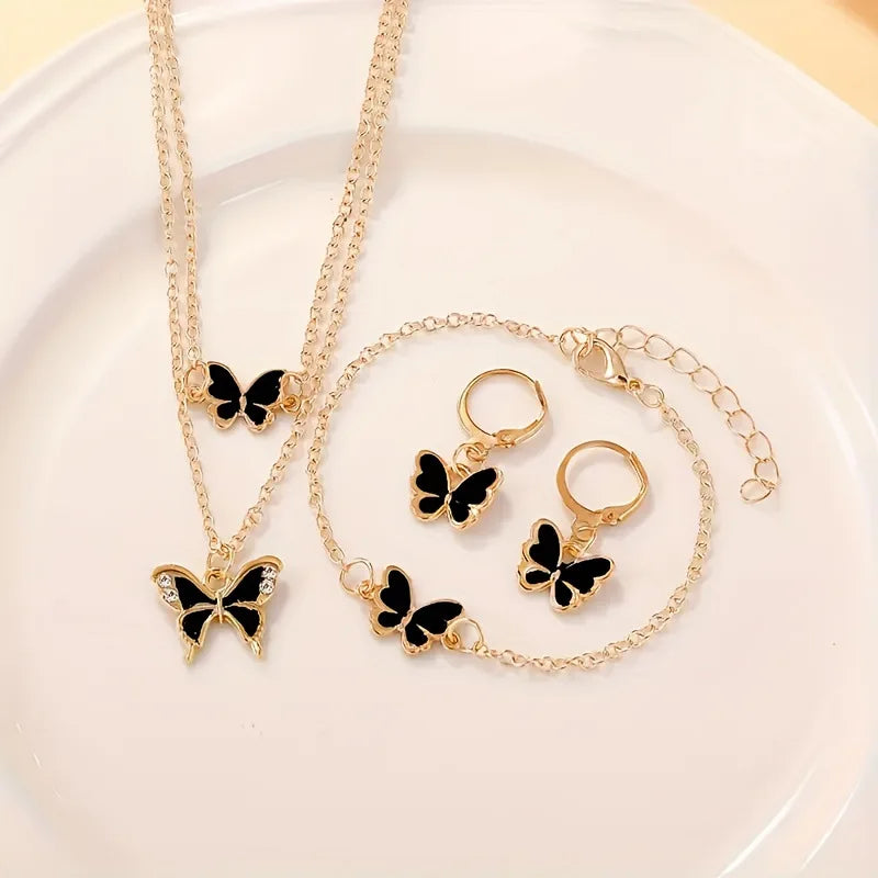Conjunto de Joyería de Moda con Colgante de Mariposa y Gota de Aceite, Collar y Pendientes para Mujer, Pulsera Minimalista, Regalos para Oficina y Fiestas
