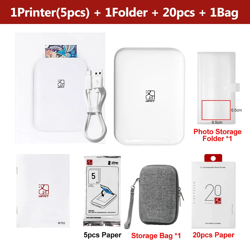 Impresora fotográfica portátil HPRT de bolsillo, tamaño de 2x3 pulgadas, tecnología Zink inalámbrica, impresión 2x3, fabricante de fotos con respaldo adhesivo con estuche para papeles