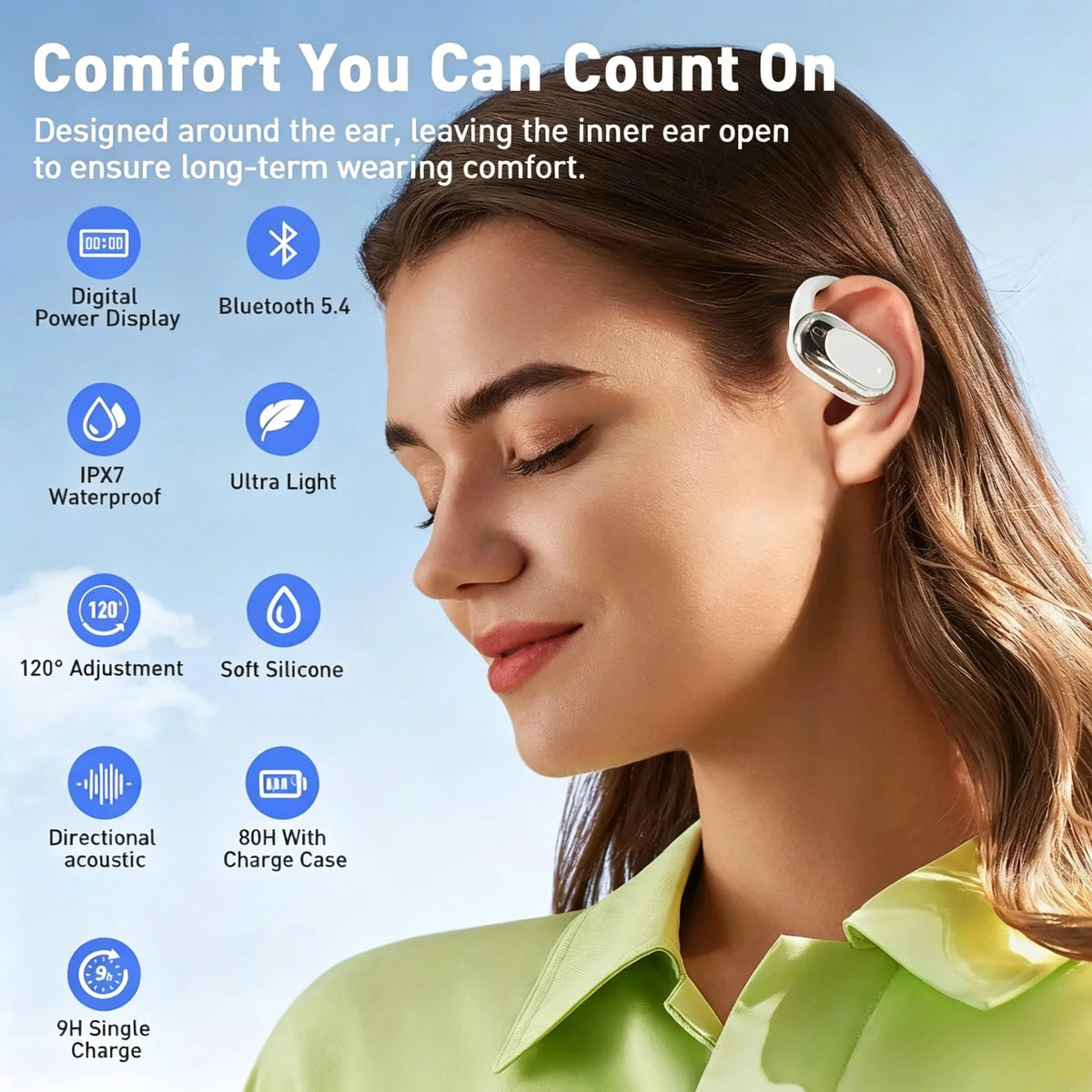 Auriculares Inalámbricos Bluetooth de Diseño Abierto y Sobre la Oreja, con Cancelación de Ruido y Micrófono Integrado, Auriculares Premium