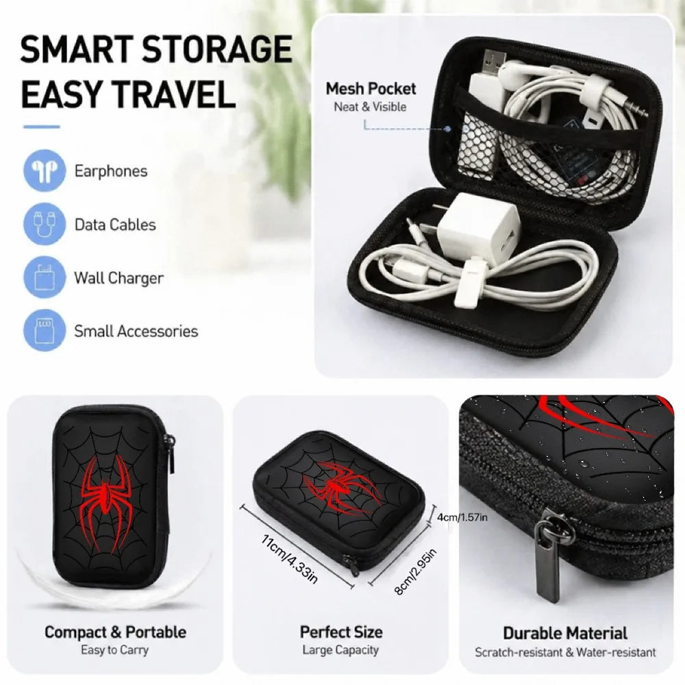 Nuevo Organizador de Cables Portátil con Carcasa Rígida de EVA con Estampado de Araña Roja, a Prueba de Golpes, para Audífonos, Discos Duros y Cables