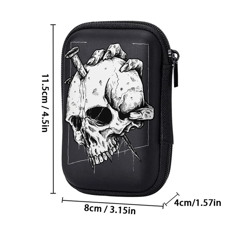 Estuche rígido compacto de EVA con estampado de calavera con garras, organizador de almacenamiento con cremallera anticaída para dispositivos electrónicos, auriculares, cables y discos duros