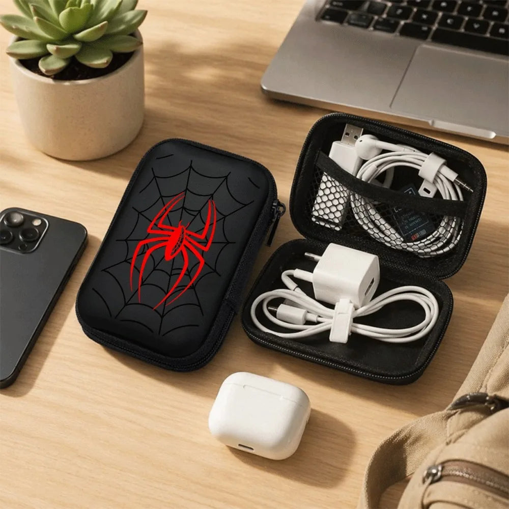 Nuevo Organizador de Cables Portátil con Carcasa Rígida de EVA con Estampado de Araña Roja, a Prueba de Golpes, para Audífonos, Discos Duros y Cables
