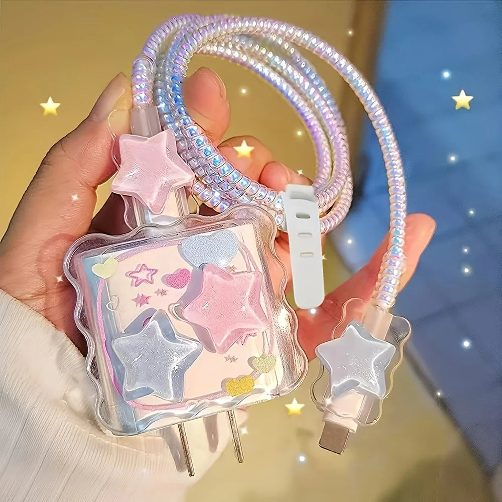 Juego de 5 Fundas Protectoras para Cargador de iPhone de 20W y 18W, Diseño 3D de Estrella y Ola en Azul y Rosa, Organizador de Cables, Protector de Cabezal de Carga