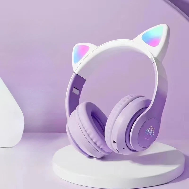 Auriculares Bluetooth inalámbricos para juegos con luz LED de respiración con oreja de gato sobre la oreja con ranura para tarjeta TF y color degradado