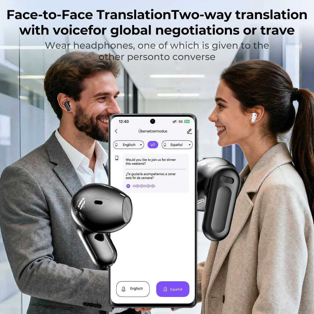 Audífonos HTC NE20 con Traducción por IA - Cancelación de Ruido ANC, Pantalla Táctil, 135 Idiomas Auriculares para Conferencias de Negocios y Viajes
