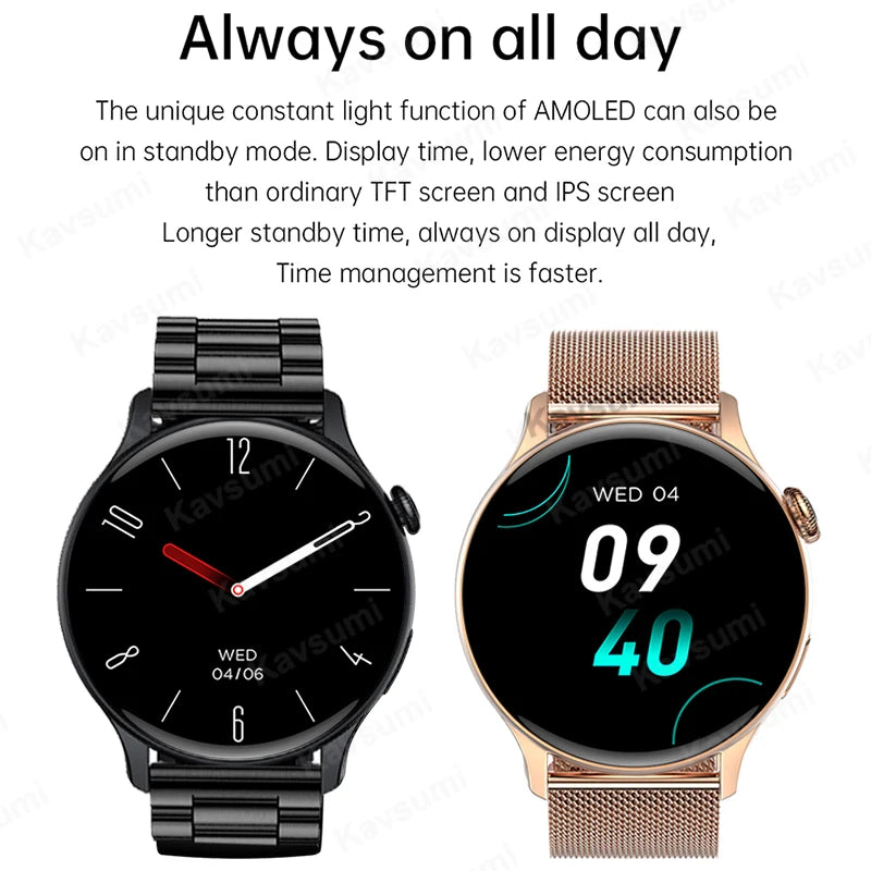Reloj inteligente para mujer, pantalla AMOLED, siempre visualización del tiempo, NFC, IP68, resistente al agua, llamada deportiva, reloj inteligente para mujer, esfera personalizada