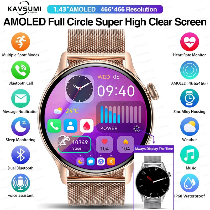 Reloj inteligente para mujer, pantalla AMOLED, siempre visualización del tiempo, NFC, IP68, resistente al agua, llamada deportiva, reloj inteligente para mujer, esfera personalizada