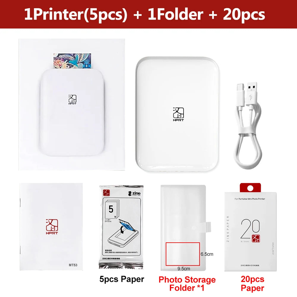Impresora fotográfica portátil HPRT de bolsillo, tamaño de 2x3 pulgadas, tecnología Zink inalámbrica, impresión 2x3, fabricante de fotos con respaldo adhesivo con estuche para papeles