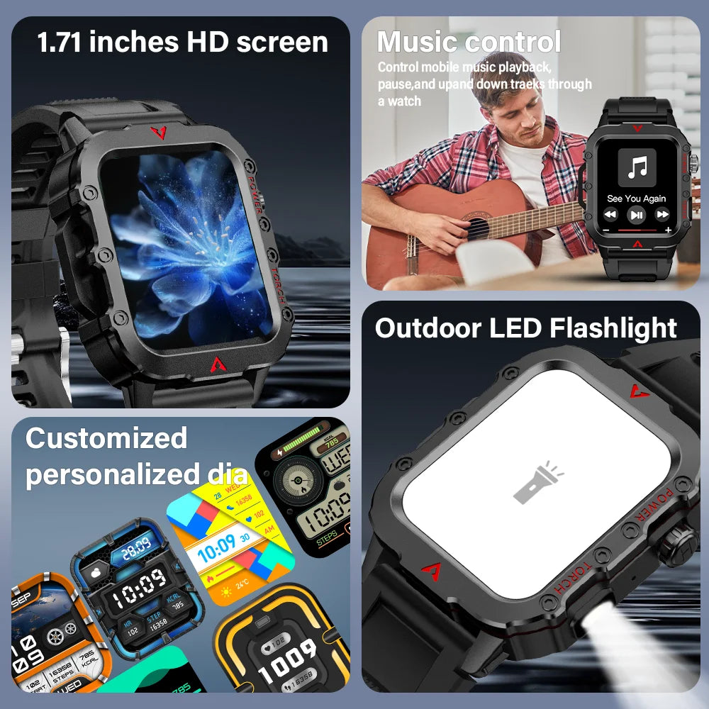 Reloj inteligente deportivo LAXASFIT para hombre, pantalla 1,71, oxígeno en sangre, Bluetooth, reloj parlante, linterna LED multideporte, reloj inteligente para exteriores