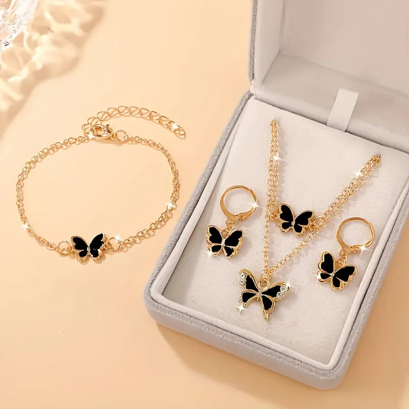 Conjunto de Joyería de Moda con Colgante de Mariposa y Gota de Aceite, Collar y Pendientes para Mujer, Pulsera Minimalista, Regalos para Oficina y Fiestas