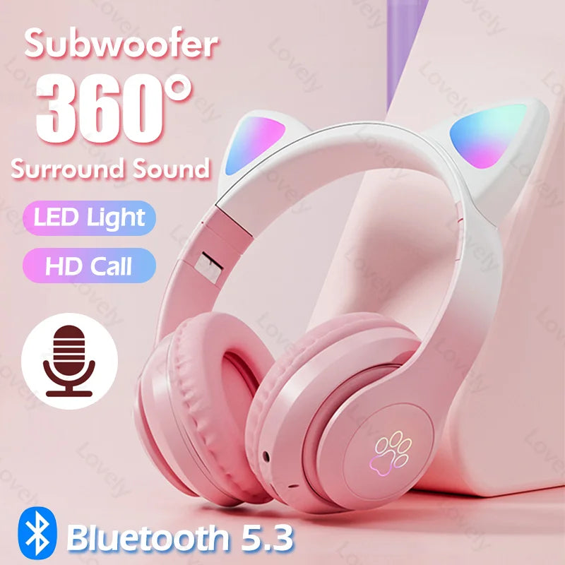 Auriculares Bluetooth inalámbricos para juegos con luz LED de respiración con oreja de gato sobre la oreja con ranura para tarjeta TF y color degradado