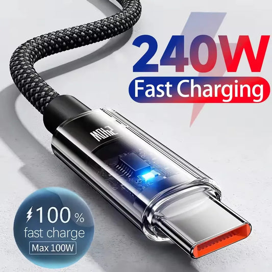Cable de carga súper rápido USB tipo C de nailon de 240W para Samsung, Xiaomi, Huawei, Honor, pantalla Digital LED, Cable de datos del cargador USB C