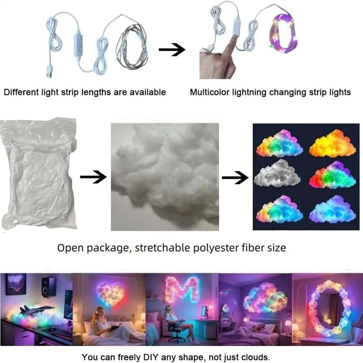 Lámpara LED 3D de nube de trueno, luz nocturna con ritmo musical alimentada por USB para dormitorio, escritorio, decoración de sala de juegos, iluminación de ambiente, regalo