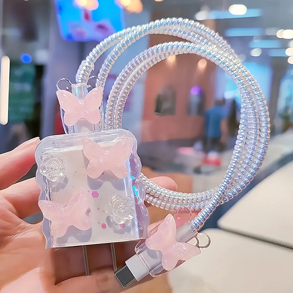 Juego de 5 Fundas Protectoras para Cargador de iPhone de 20W y 18W, Diseño 3D de Estrella y Ola en Azul y Rosa, Organizador de Cables, Protector de Cabezal de Carga