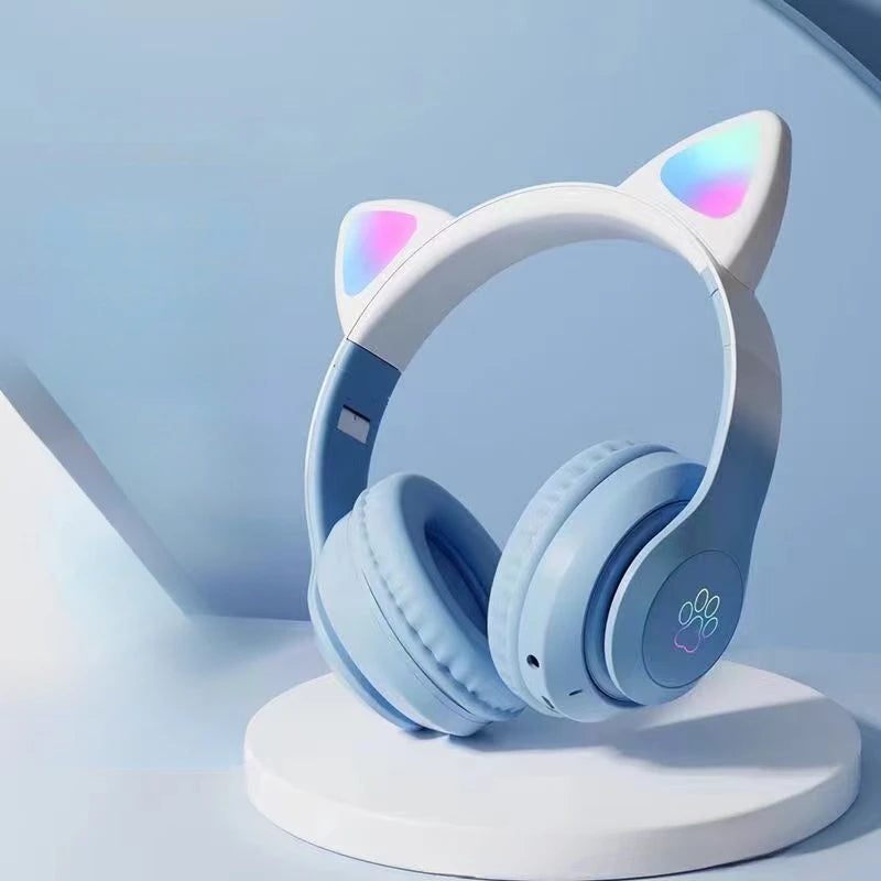 Auriculares Bluetooth inalámbricos para juegos con luz LED de respiración con oreja de gato sobre la oreja con ranura para tarjeta TF y color degradado