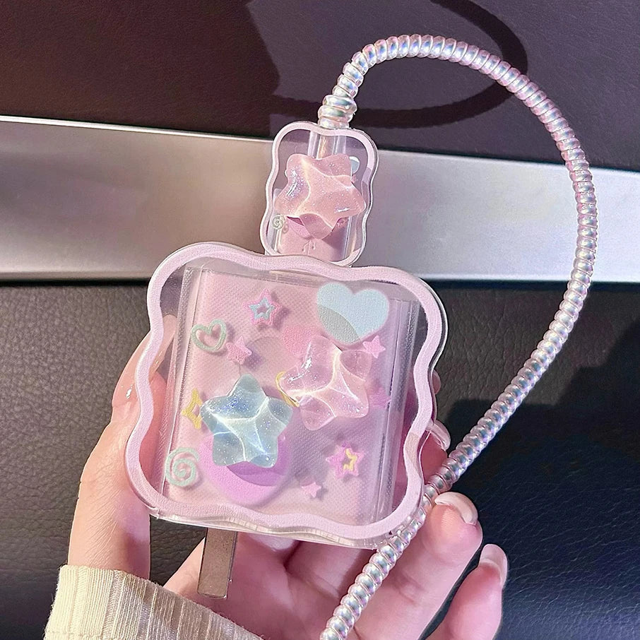 Juego de 5 Fundas Protectoras para Cargador de iPhone de 20W y 18W, Diseño 3D de Estrella y Ola en Azul y Rosa, Organizador de Cables, Protector de Cabezal de Carga
