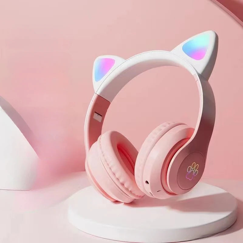 Auriculares Bluetooth inalámbricos para juegos con luz LED de respiración con oreja de gato sobre la oreja con ranura para tarjeta TF y color degradado