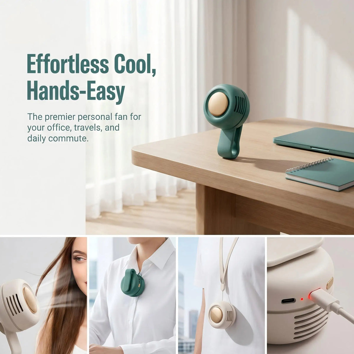 Mini ventilador portátil sin aspas con clip para la cintura, 3 velocidades, silencioso, recargable por USB, manos libres, para viajes al aire libre, ciclismo y camping.