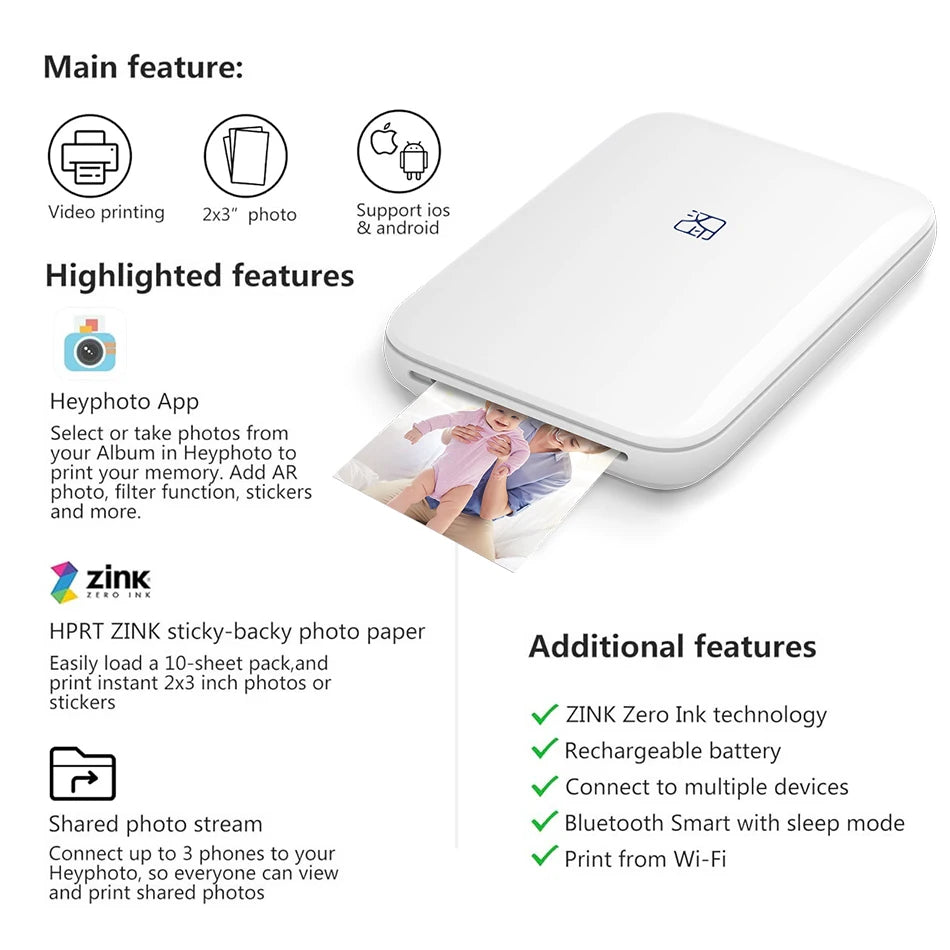 Impresora fotográfica portátil HPRT de bolsillo, tamaño de 2x3 pulgadas, tecnología Zink inalámbrica, impresión 2x3, fabricante de fotos con respaldo adhesivo con estuche para papeles